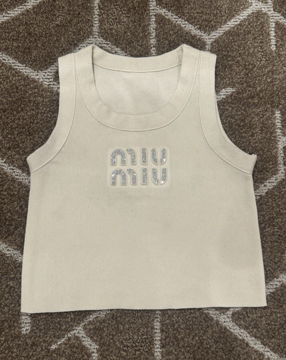 Miu Miu Ivory Ribbed Knit Sleeveless Tank Crop Top Crystal Logo Sz S PLEASE READ